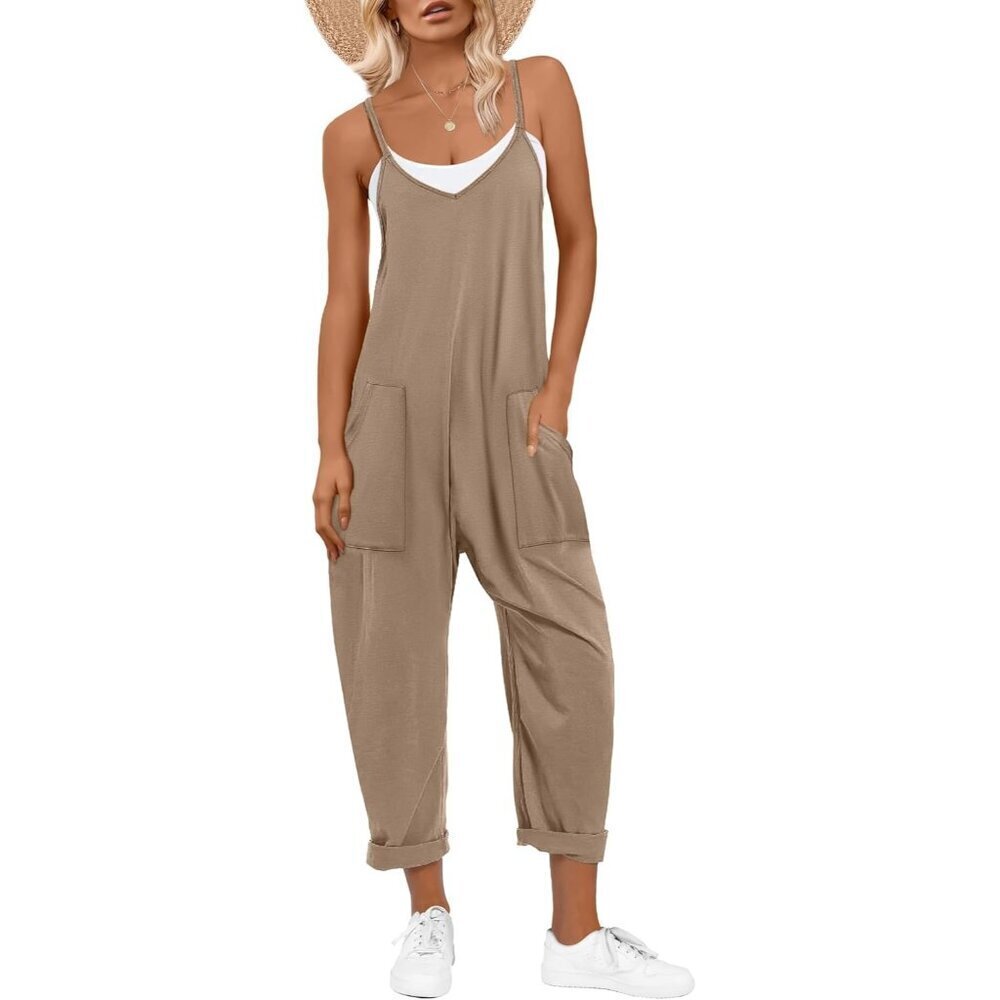 Women Khaki Casual Summer Overalls Sleeveless Spaghetti Strap Romper Jumper